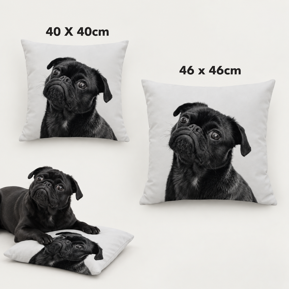 Two personalized pillows in different sizes with black pug motif on a white background.