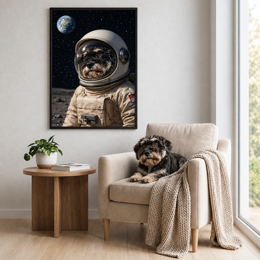 Personalized astronaut poster with dog in a room; brown couch, plants and blanket visible.