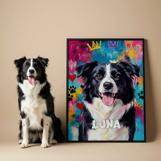 Personalized graffiti poster of a dog with colourful background and bright accents.