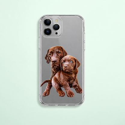 Personalized clear phone case with an image of two brown Labrador puppies.