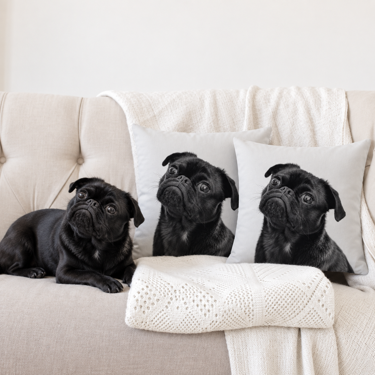 Two personalized pillows with black-and-white print of a pug, next to a pug on a couch.