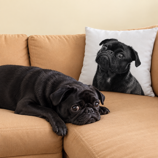 Black pug lying on a couch next to a photo pillow with its likeness.