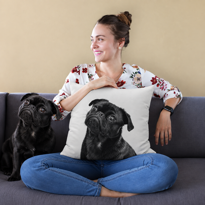 Personalizable pillow with photo print of a dog, woman sitting on a sofa in casual clothes.