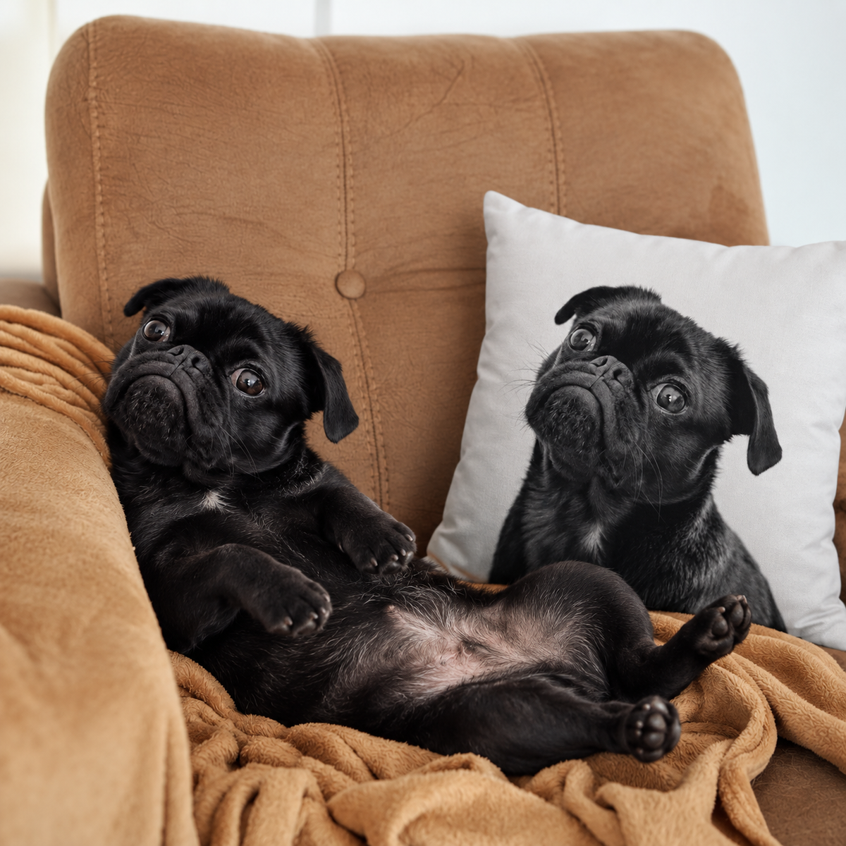 Black-and-white photo pillow with a dog image, next to a relaxed black pug on a couch.