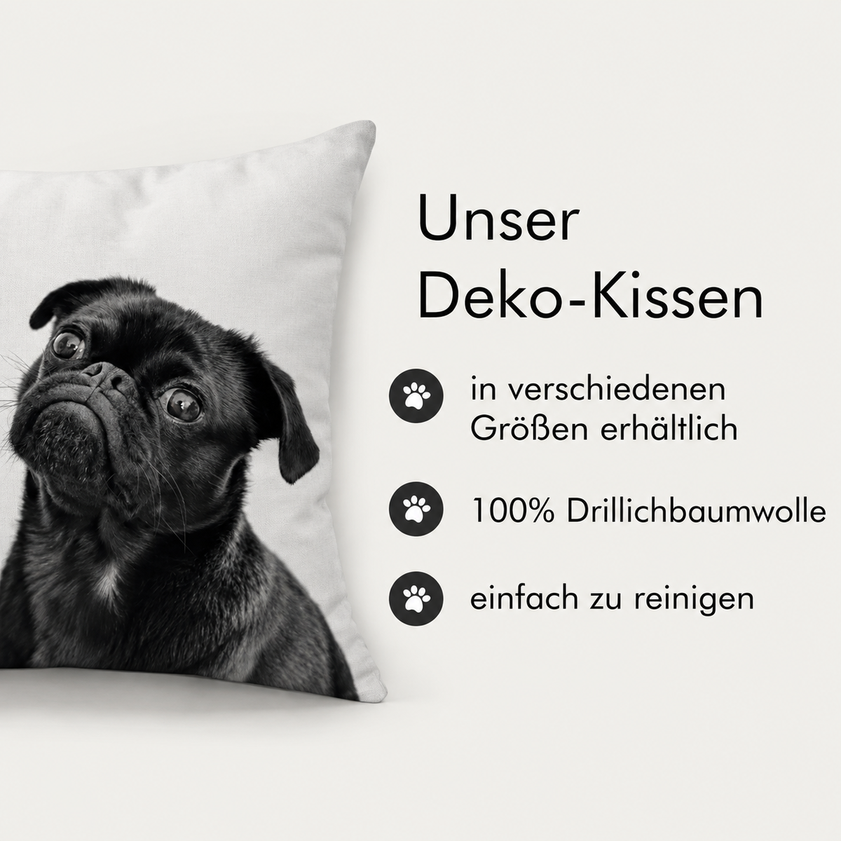 Black photo pillow with a picture of a pug, made of 100% cotton drill, available in different sizes.
