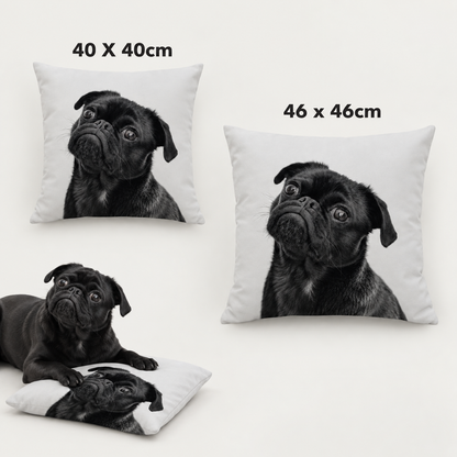 Two personalized pillows in different sizes with black pug motif on a white background.