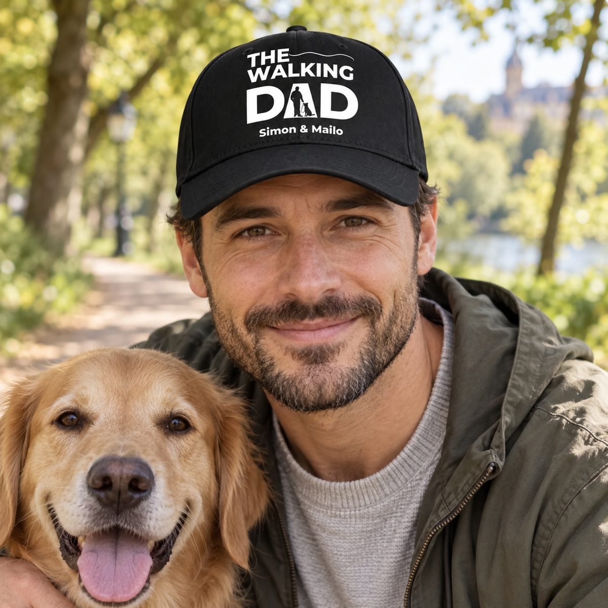 Black cap with “THE WALKING DAD” print and personalized names, with a man and a dog.