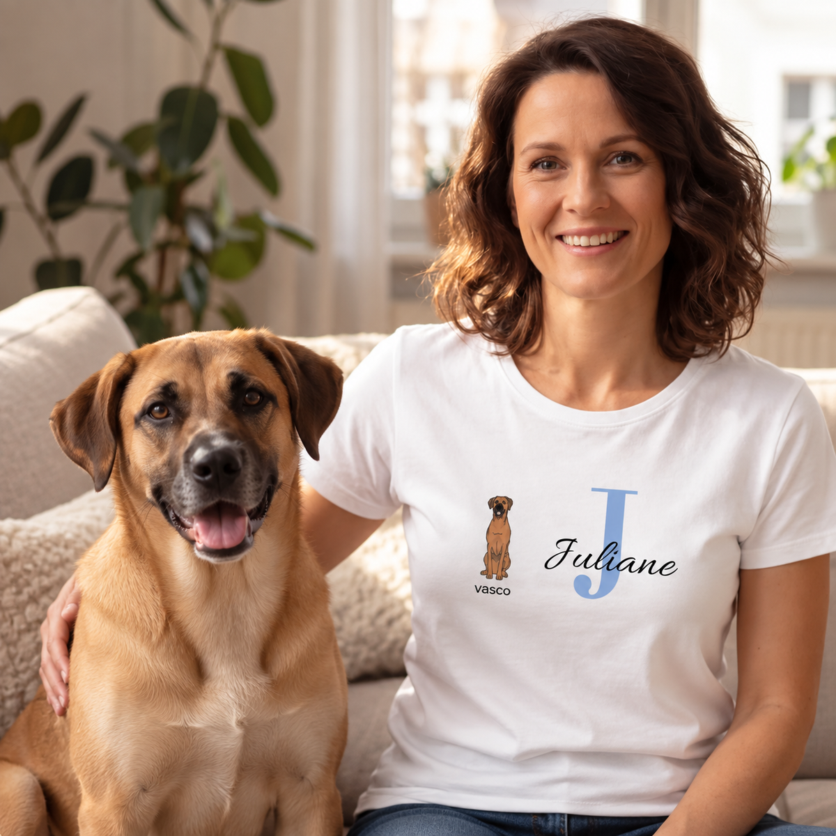 White T-shirt with personalized initial "J" and dog design, worn by a woman next to a dog.