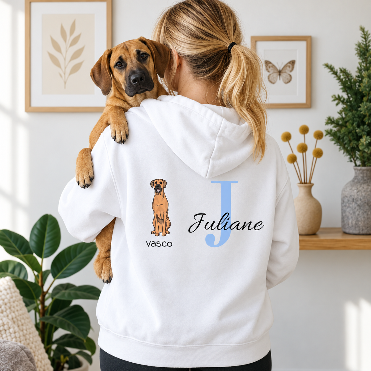 White hoodie with personalized initial "J" and dog design, perfect for individual style.