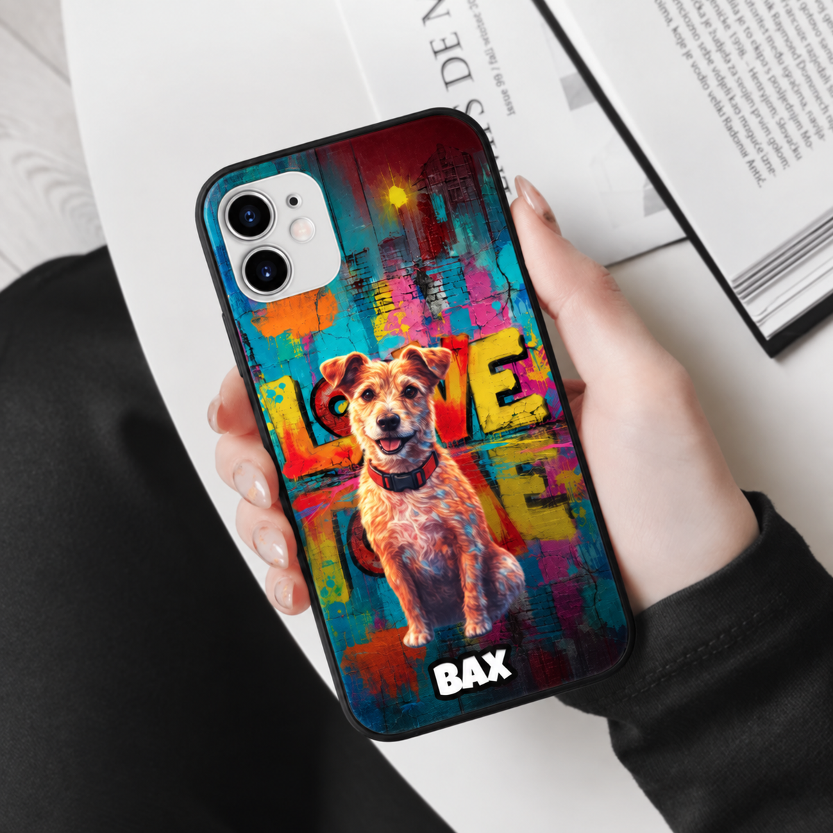 Personalized phone case with street-art design, colourful graphic of a dog and the word "LOVE".