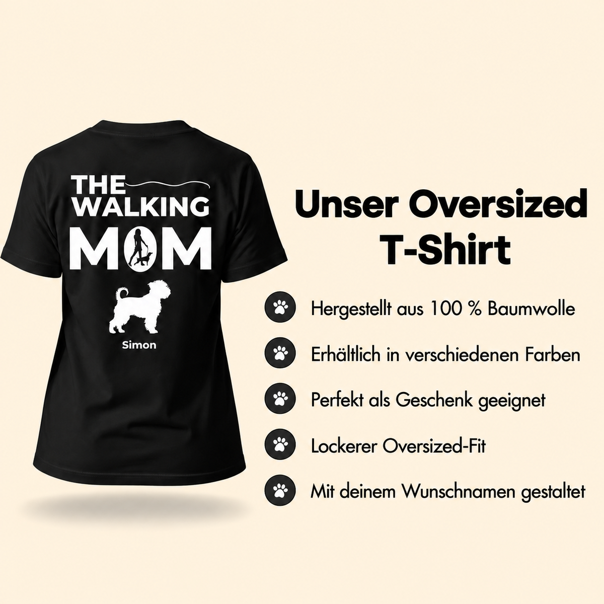 Black oversized T-shirt made of 100% cotton, with personalizable text and dog motif.
