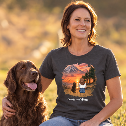 Dark grey T-shirt with personalized motif of a woman and dog in front of a mountain landscape.