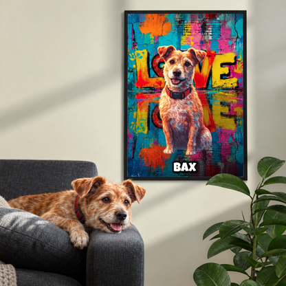 Personalized street-art posters with dog picture, colourful background and the word "LOVE".