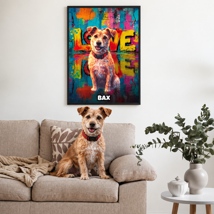 Personalized street-art posters with dog motif, decorative in bold colours, framed on the wall. Dog on the couch.