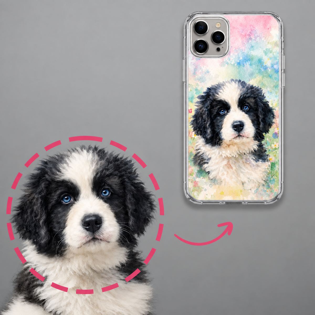 Personalized phone case with watercolour print of a dog in pink and green.