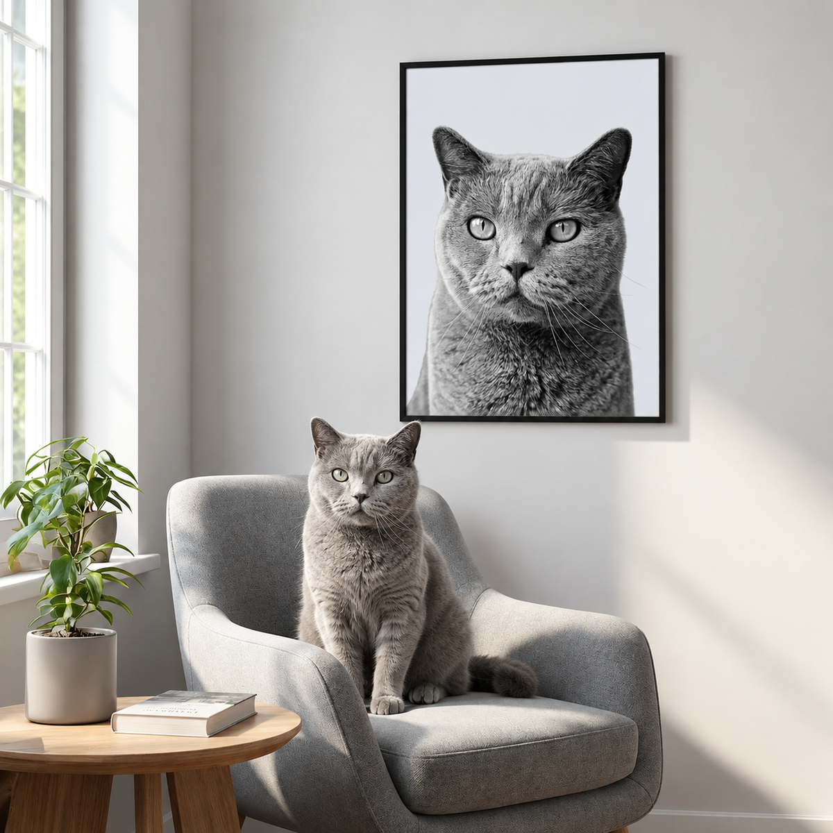 Grey cat sitting on an armchair in front of a framed black-and-white cat portrait poster.