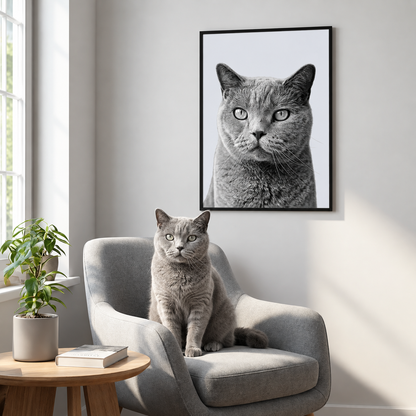 Grey cat sitting on an armchair in front of a framed black-and-white cat portrait poster.