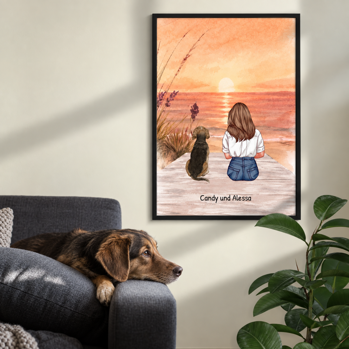 Personalized wall art with a woman and her dog on the beach at sunset. Frame included.