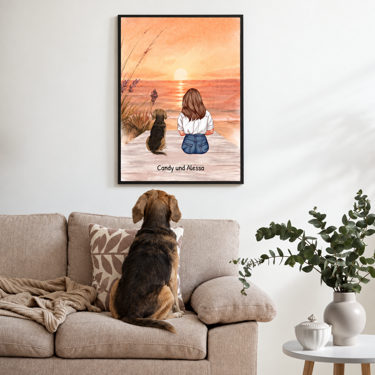 Personalized framed poster of a girl and a dog on the beach at sunset.