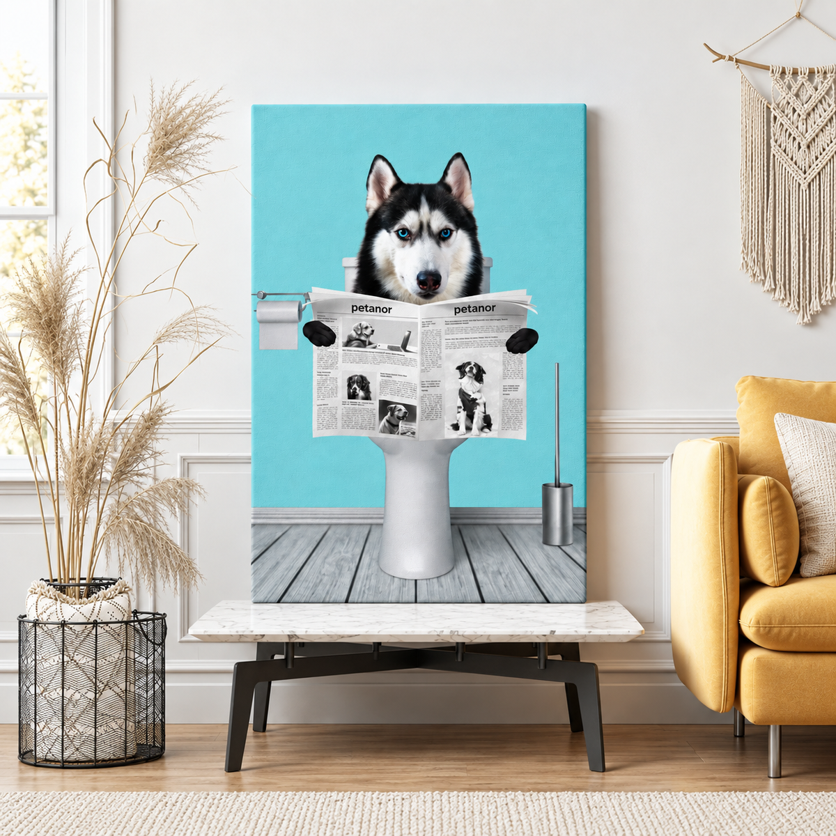 Canvas with a dog sitting on a toilet reading a newspaper, blue background.