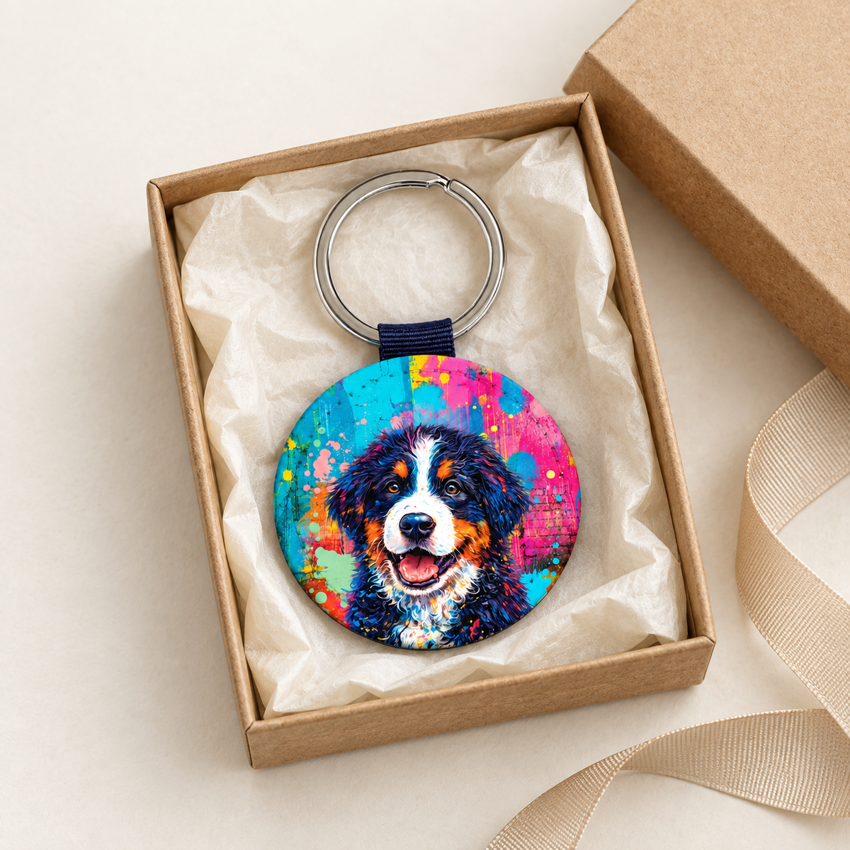 Round keychain with colourful dog motif, packed in a gift box with tissue paper.