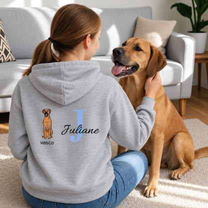 Grey hoodie with personalized back: dog and the name "Juliane" in blue lettering.