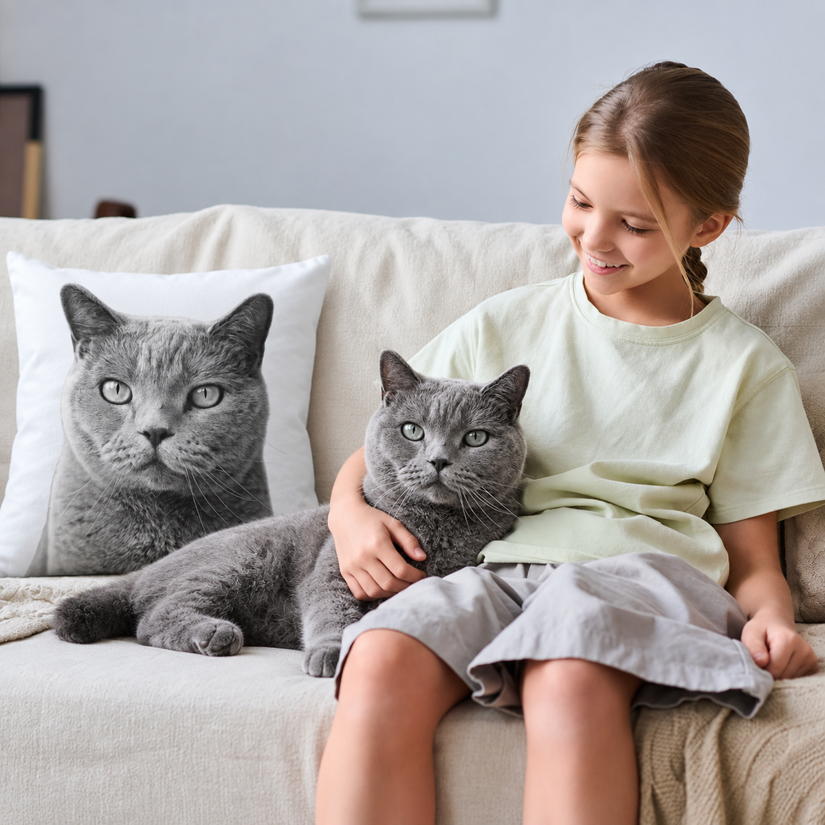 Pillow with grey cat print on a light sofa, a girl sitting next to a grey cat.
