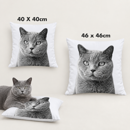 Two personalized pillows with greyscale pet portrait, sizes 40x40 cm and 46x46 cm.