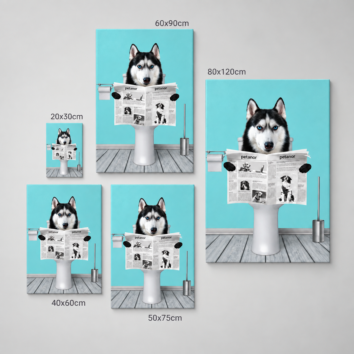 Personalized canvas with a dog holding a newspaper in the bathroom. Various sizes available.