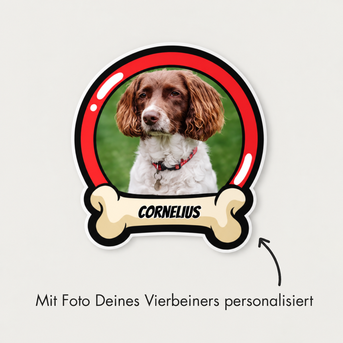 Personalized car sticker with dog picture and name, in red and white colours.
