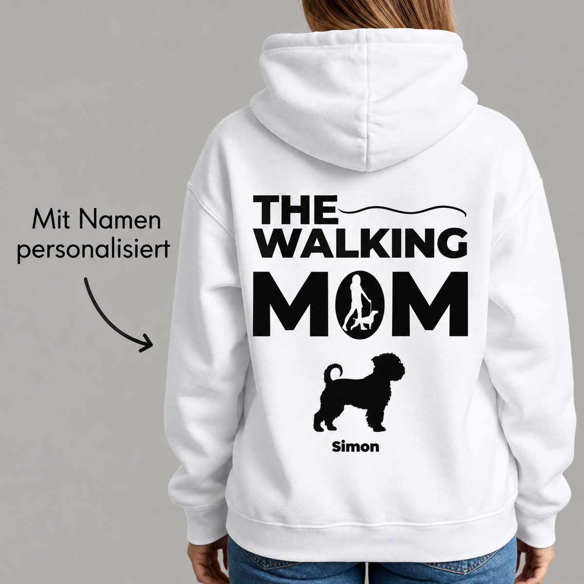 White hoodie with the text "THE WALKING MOM" and a dog symbol, personalized with the name "Simon".