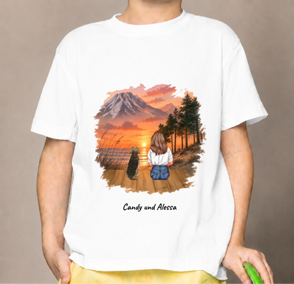 White T-shirt with personal print: illustration of a girl and dog at sunset in a mountain landscape.