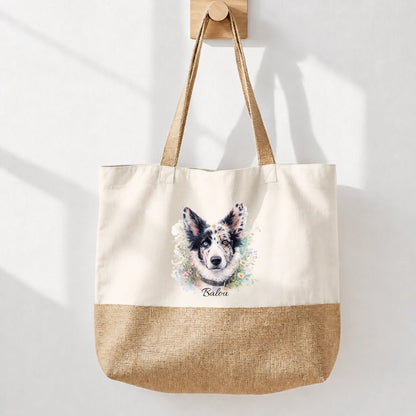 Cotton tote bag with jute-style base and watercolor dog motif, personalized with the name Balou.