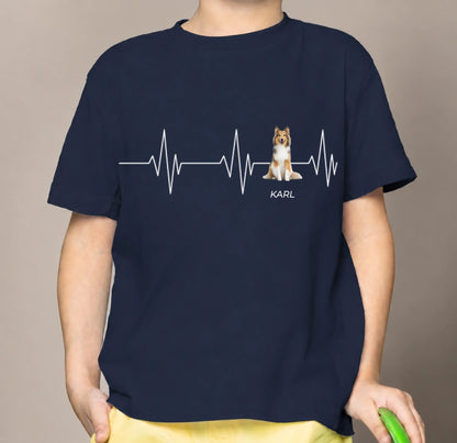 Blue cotton kids' T-shirt with heartbeat design and dog motif. Name “KARL” printed.