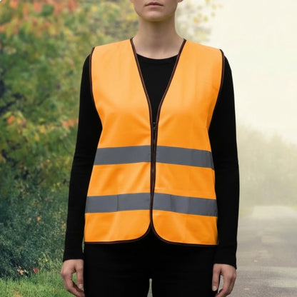 Personalized hi-vis vest in bright orange with grey reflective stripes.