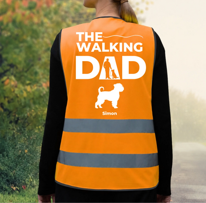 Personalized orange safety vest with reflective stripes, “The Walking Dad” print and dog picture.