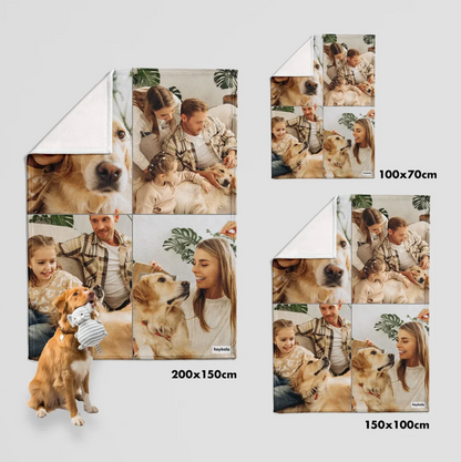 Personalized blankets in different sizes with your own photos, including family pictures and pets.