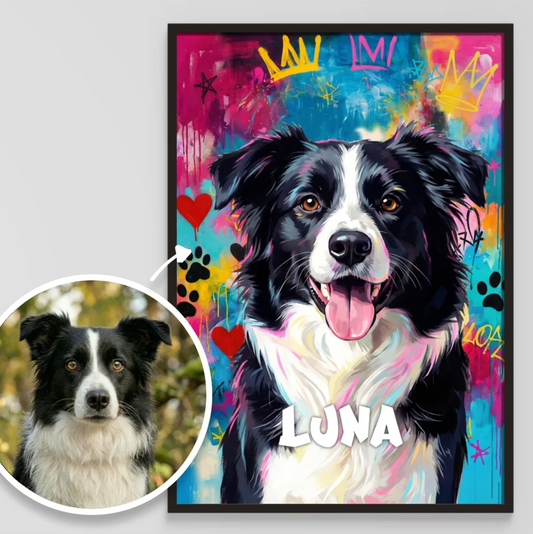 Personalized graffiti poster of a dog with colourful background and the name "LUNA".