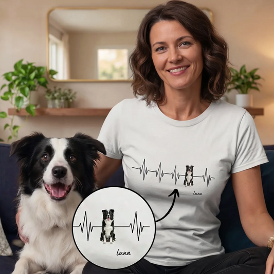White T-shirt with personalized heartbeat design and dog motif. Woman sitting on the couch with a dog.