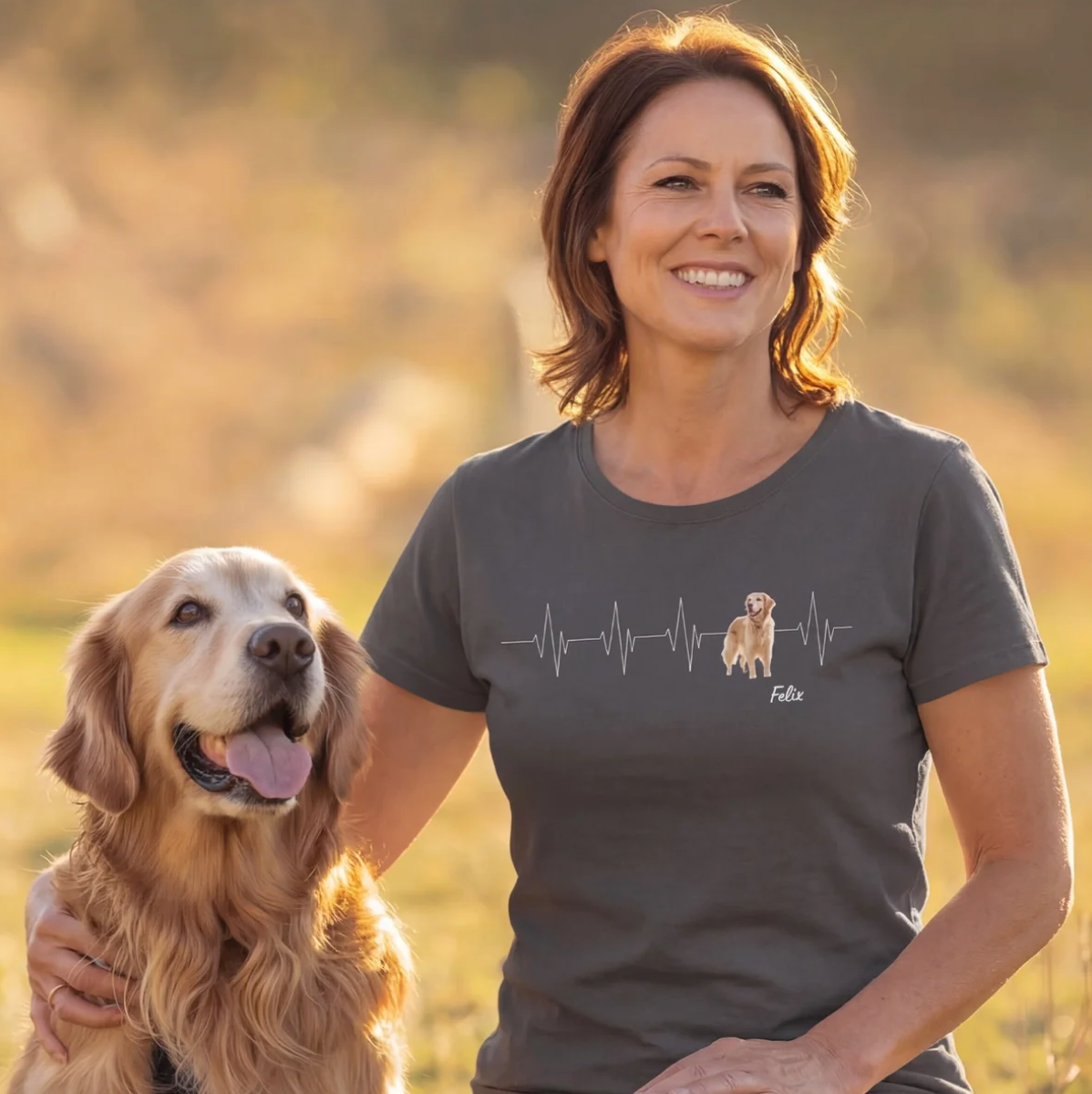 Dark grey personalized T-shirt with heartbeat design and dog motif.