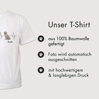 White T-shirt made of 100% cotton with dog motif and heartbeat design. Personal name option.