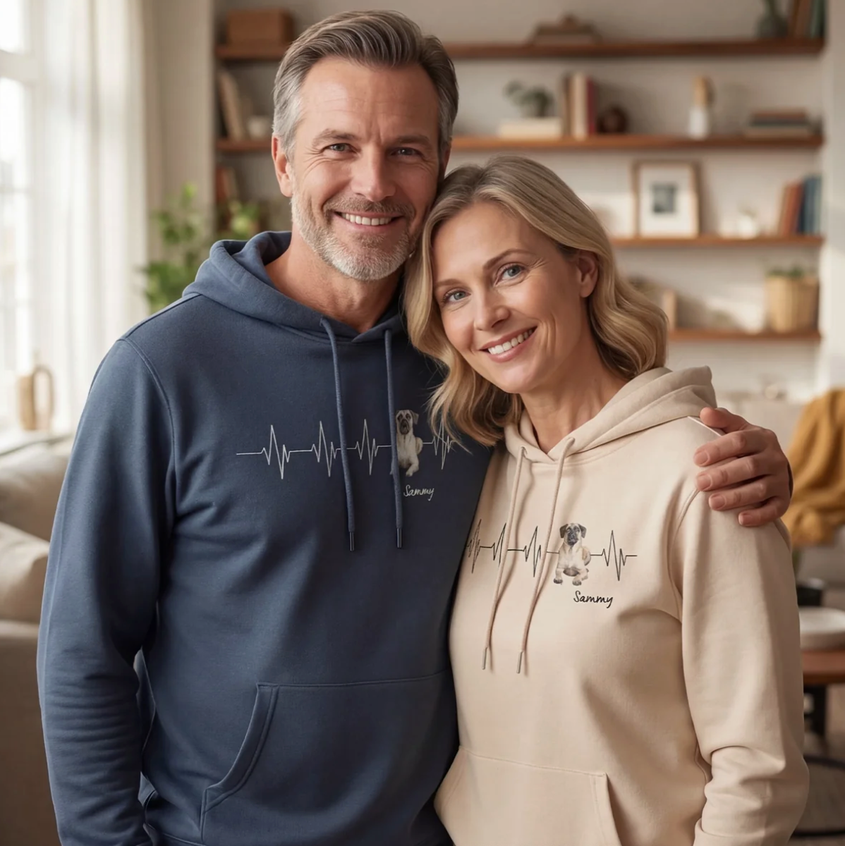 Personalized hoodies in blue and beige with heartbeat design and dog illustration.
