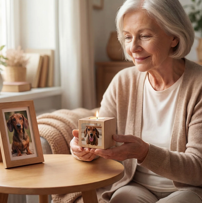 Personalized wooden candle cube with a dog photo and burning candle in a cosy setting.