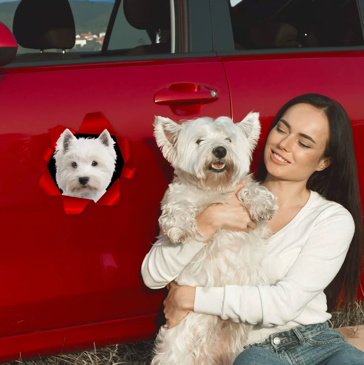 Person with a white dog, red car in the background, car sticker with dog picture.