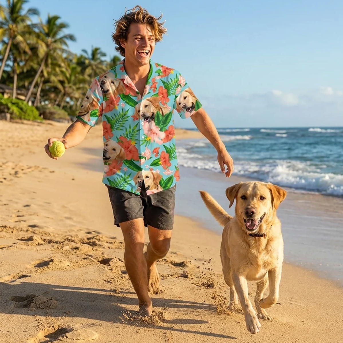Man in a personalized Hawaiian shirt with a dog on the beach in sunny weather. Shirt with colourful flower and dog designs.