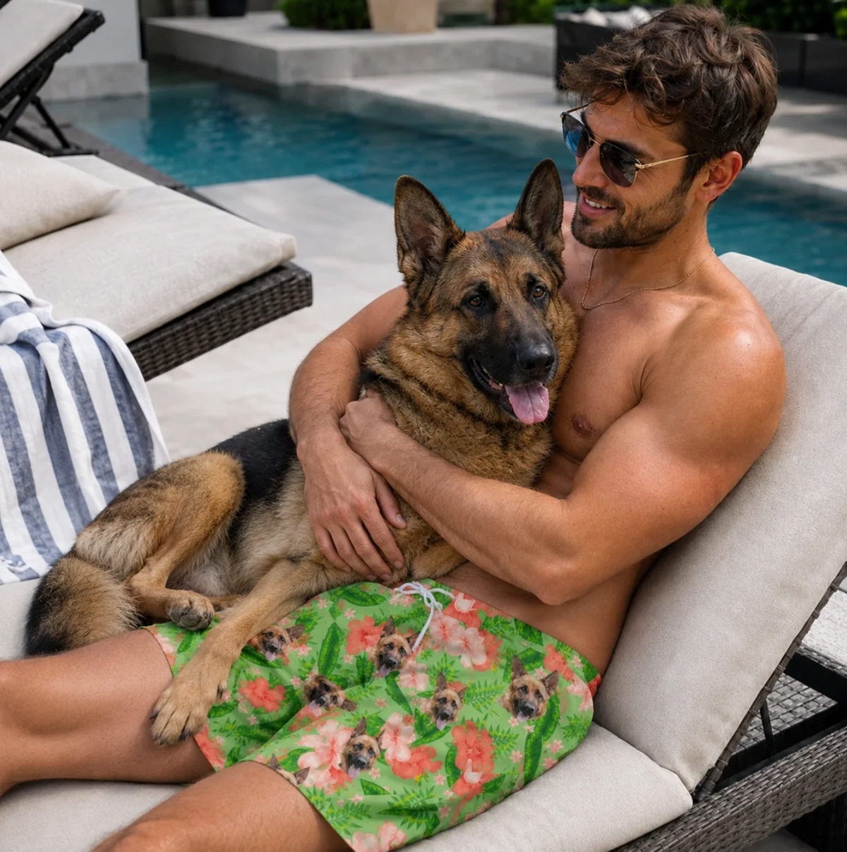 Person sitting on a lounger by the pool wearing personalized swim shorts with dog designs on a green background.