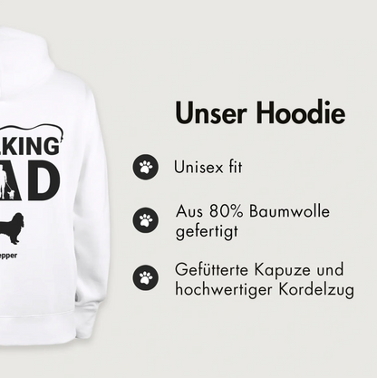 White hoodie with "The Walking Dad" lettering, 80% cotton, unisex fit, lined hood.
