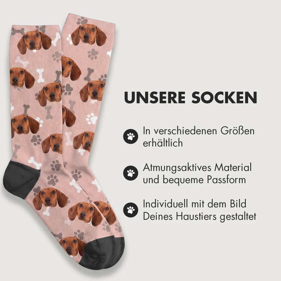 Personalized socks with dog designs on a pink background and black cuff. Breathable material.