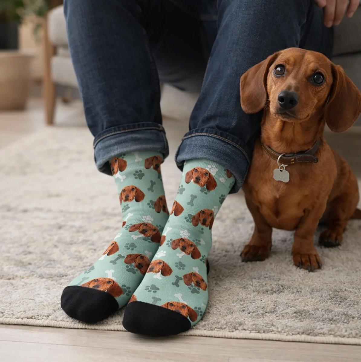 Personalized mint green socks with dog motif and black foot, worn by a person. Dog sitting next to them.