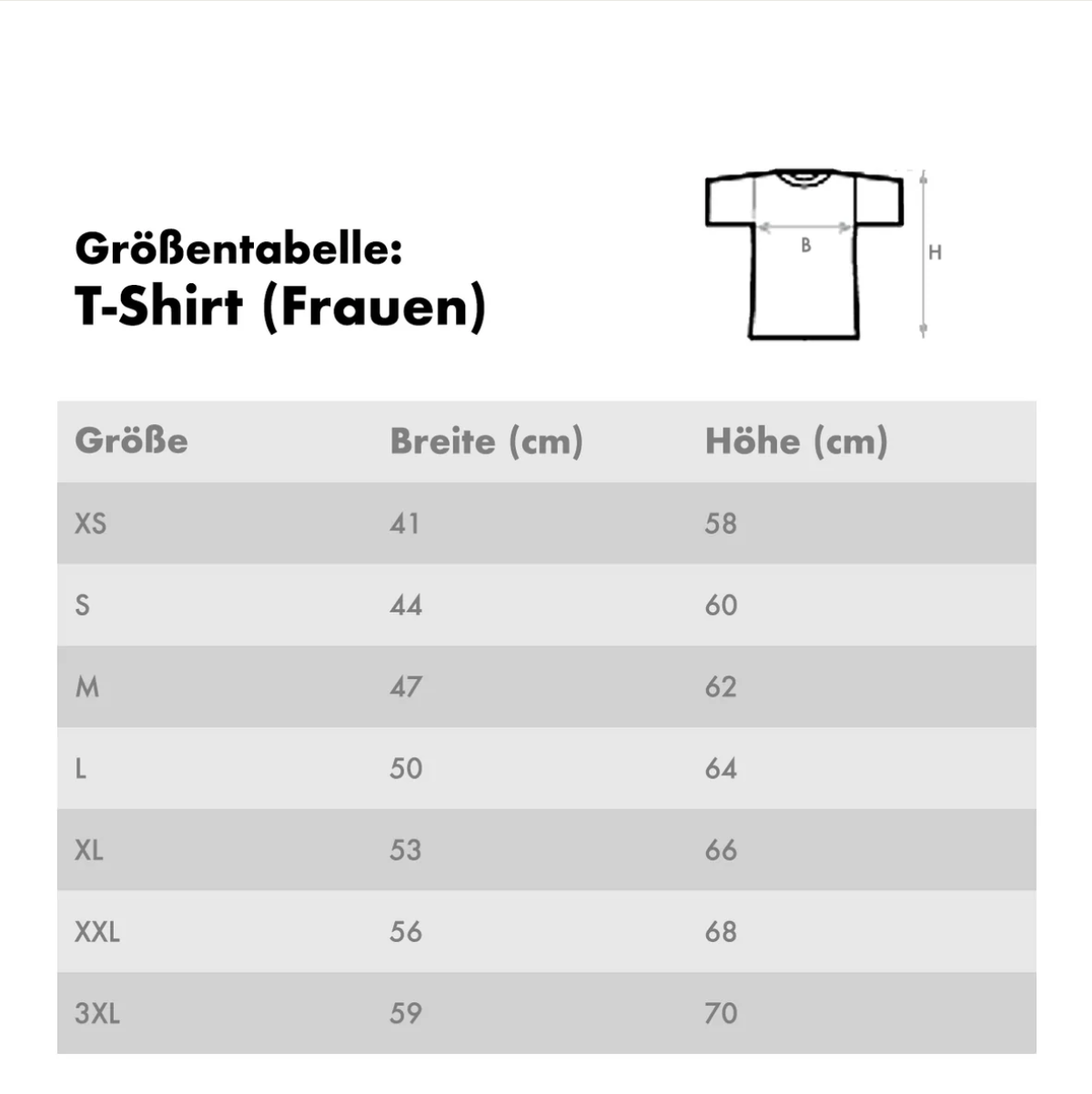 Size chart for women's T-shirts with width and length measurements.